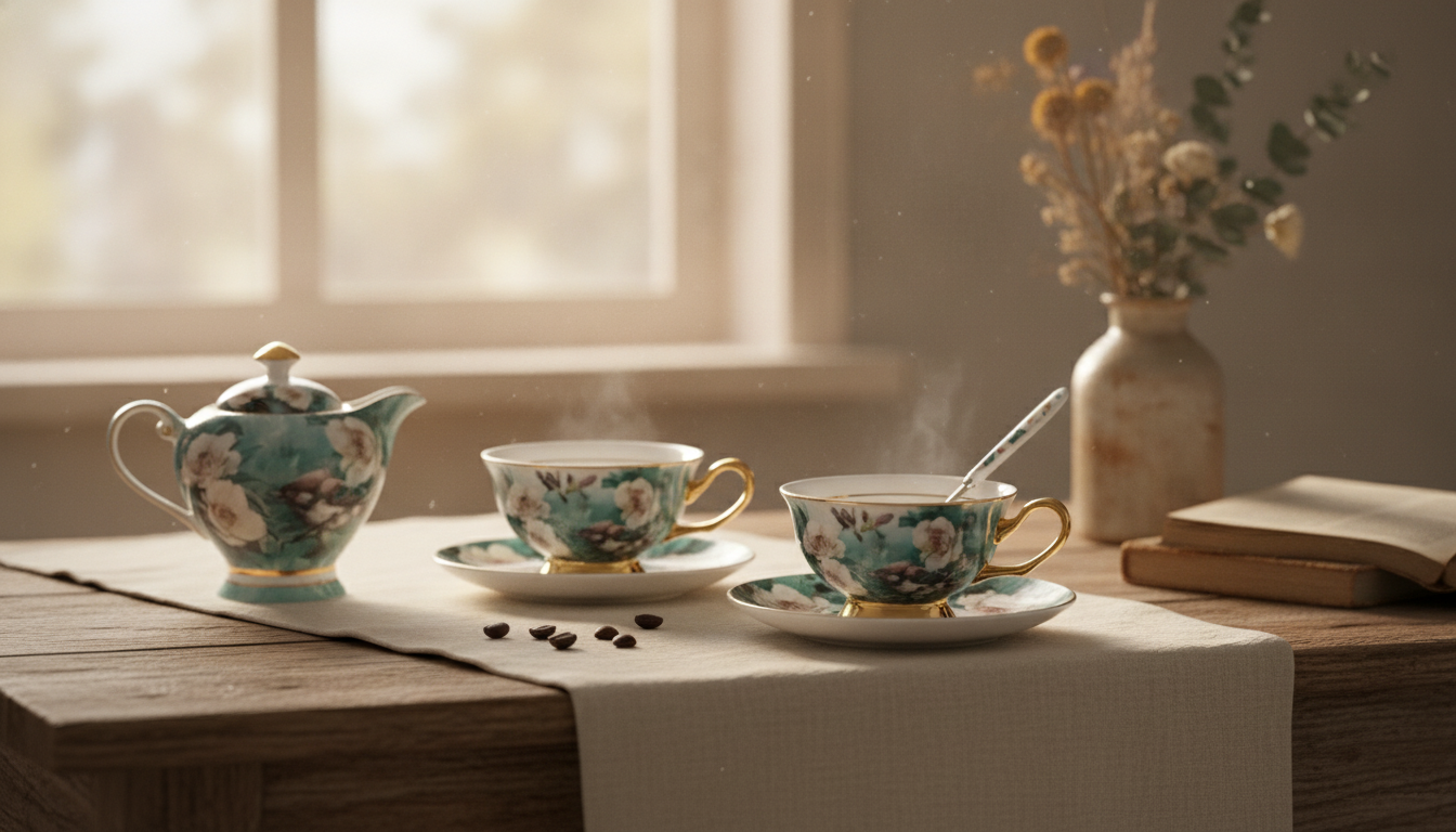 Bone China Coffee Cup, Saucer & Sugar Jar Set