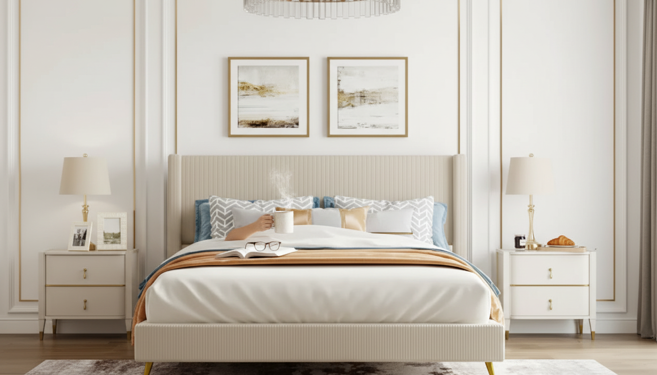 Corduroy Queen Platform Bed: Chic Frame, Metal Legs