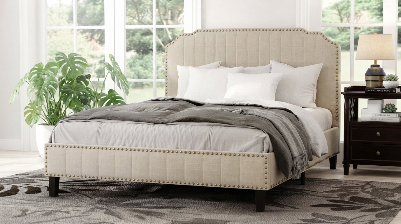 Linen Upholstered Platform Bed: Nailhead Trim Guide