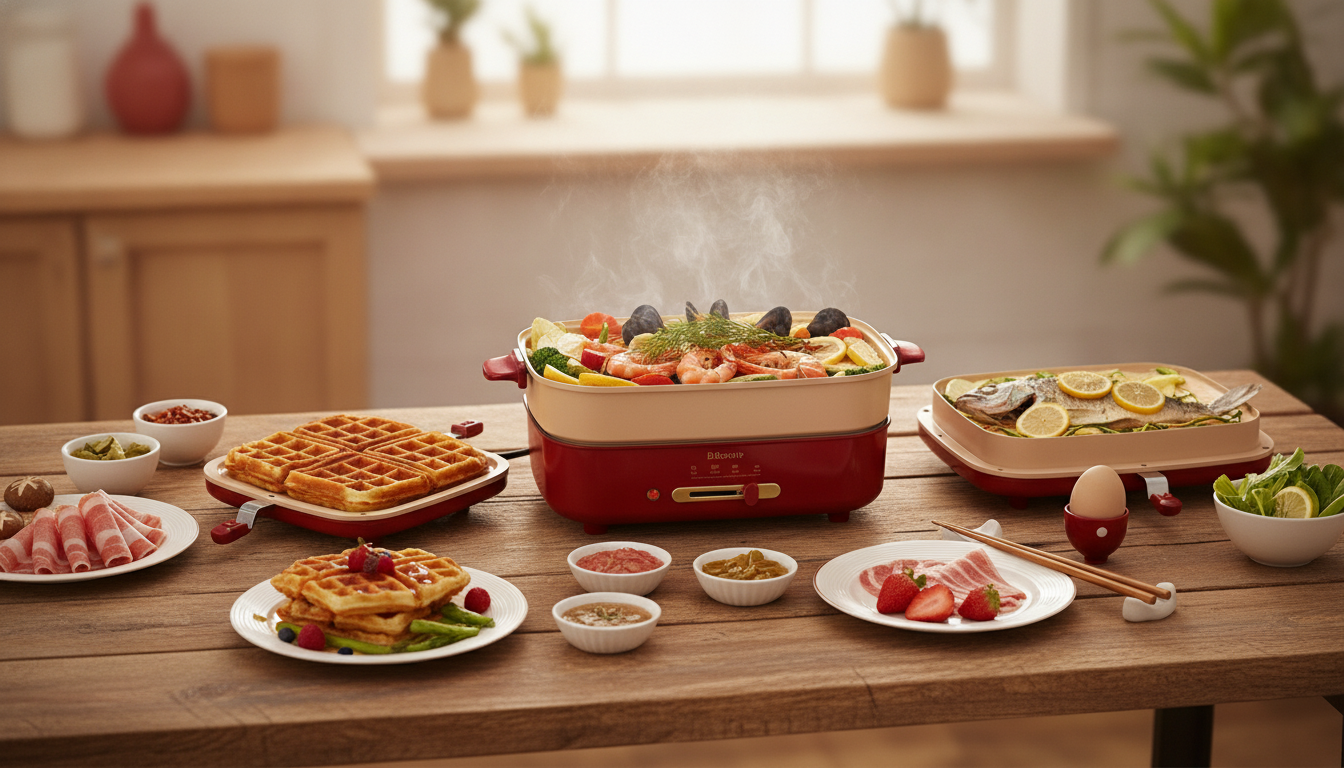 Waffle, Hot Pot & Steamer Cooker: One Appliance, 3 Meals